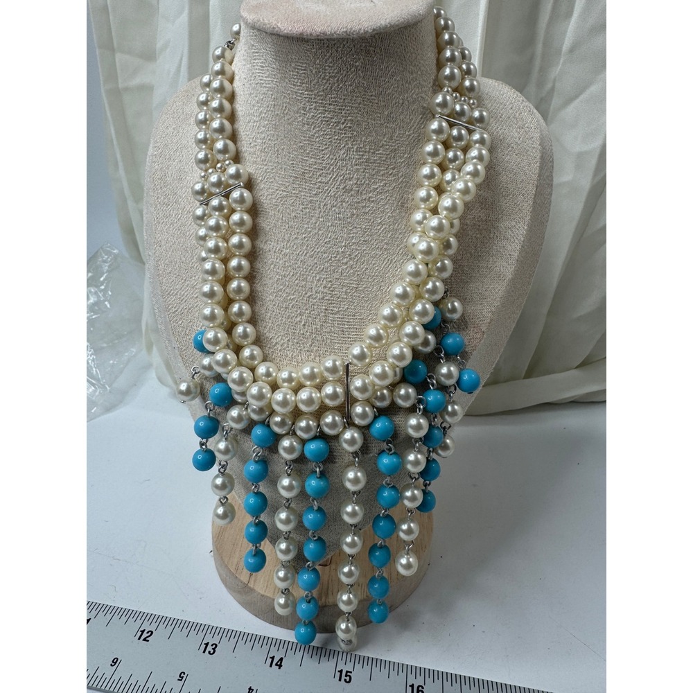 Vintage Faux Pearl Turquoise Bead Triple Strand Bib Statement Necklace Cream